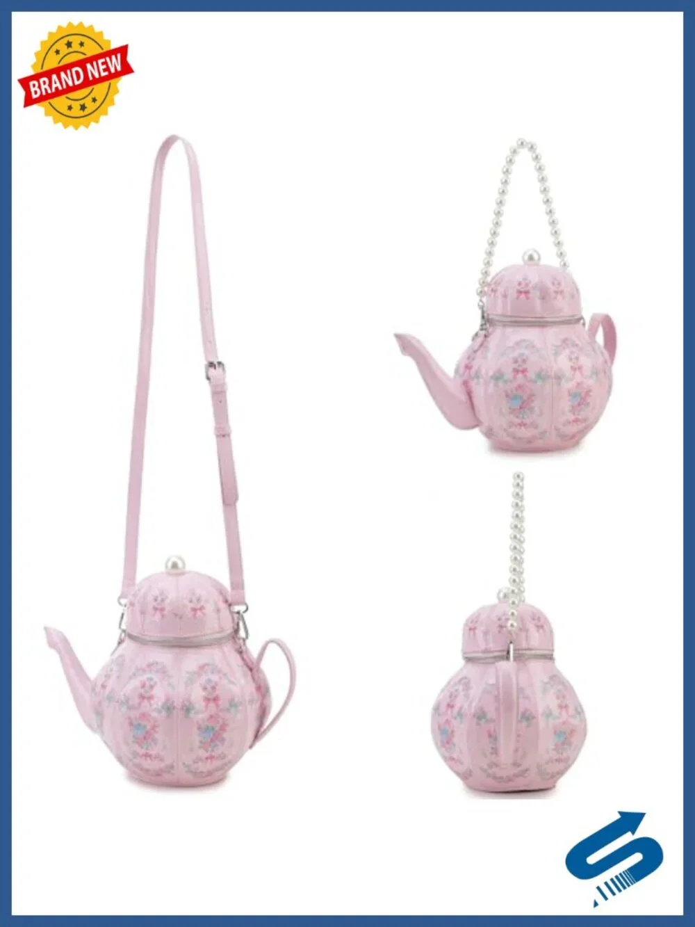 Novelty Teapot Shaped Purse, Faux Leather Floral Handbag with Pearl Chain,